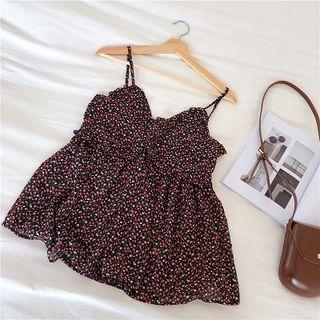 Floral V-neck Ruffled-trim Chiffon Camisole Top