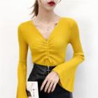 V-neck Bell-sleeve Drawstring Ribbed Knit Top