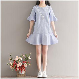 Striped Ruffle Hem Elbow Sleeve Dress