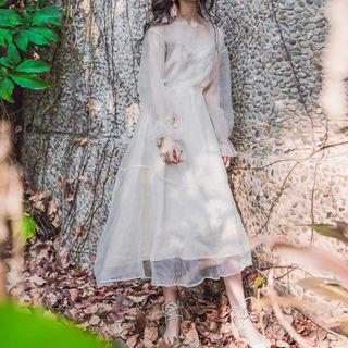 Set: Long-sleeve Embroidered Mesh A-line Midi Dress + Spaghetti Strap Dress