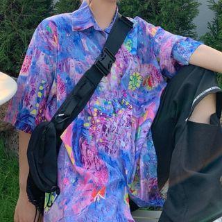 Elbow-sleeve Abstract Print Shirt