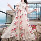 Cap-sleeve Floral Embroidered Mesh A-line Midi Dress