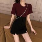Set : Wine Red Short-sleeved Top + High Waist Split Black Skirt