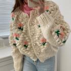 Flower-embroidered Loose-fit Sweater Cardigan As Shown In Figure - One Size