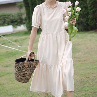 Puff-sleeve Lace Trim Midi Smock Dress Almond - One Size
