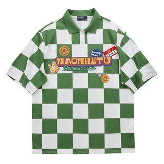 Short-sleeve Collar Checkered T-shirt