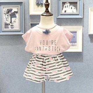 Set Of Two: Short-sleeve Lettering Cutout T-shirt + Printed Shorts