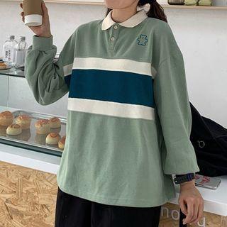 Bear Print Striped Collared Sweatshirt