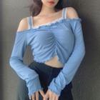 Long-sleeve Cold Shoulder Frill Trim Crop Top