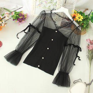 Mesh Panel Bell-sleeve Buttoned Knit Top