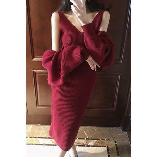 Set: Sleeveless Open-back Midi Sheath Knit Dress + Cardigan