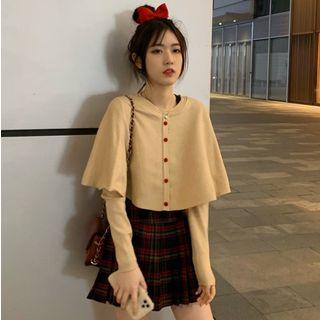 Cape Cardigan / Plaid Mini A-line Pleated Skirt
