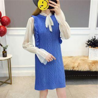 Set: Lace Trim Tie-neck Long-sleeve Mesh Top + Cable-knit Ruffle Trim Sleeveless Shift Dress