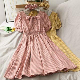 Open Ribbon-back Checker Mini Dress With Hair Tie