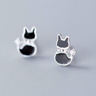 925 Sterling Silver Rhinestone Cat Earring S925 Silver - 1 Pair - Silver & Black - One Size