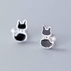 925 Sterling Silver Rhinestone Cat Earring S925 Silver - 1 Pair - Silver & Black - One Size