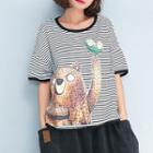 Striped Printed Elbow-sleeve T-shirt
