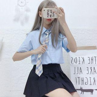 Short-sleeve Shirt / Mini Pleated Skirt / Plaid Tie / Set