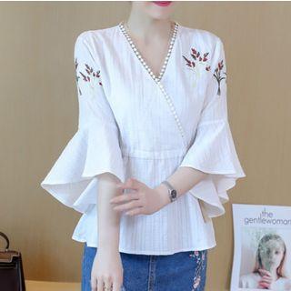 3/4-sleeve Embroidered Wrap Top