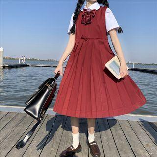 Short-sleeve Shirt With Bowtie / Pleated Midi A-line Overall Dress