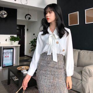 Bow Neck Blouse / Ruffle Hem Pencil Skirt