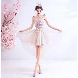 Tie-shoulder Floral Embroidered High-low Cocktail Dress