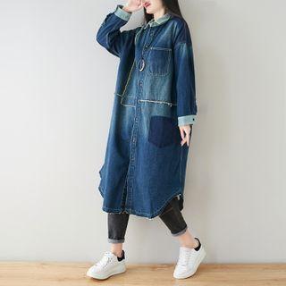 Single-breasted Washed Denim Coat Blue - One Size