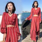Set: Patterned Long-sleeve Top + Wide Leg Pants