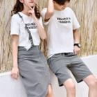 Set: Couple Matching Short-sleeve Lettering T-shirt + Plaid Shorts / Plaid Sheath Skirt