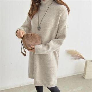 Mock-neck Dual-pocket Mini Sweater Dress