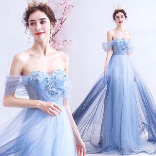 Flower Applique Off-shoulder Gradient A-line Evening Gown