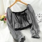 Gingham Bell-sleeve Cropped Blouse Black - One Size