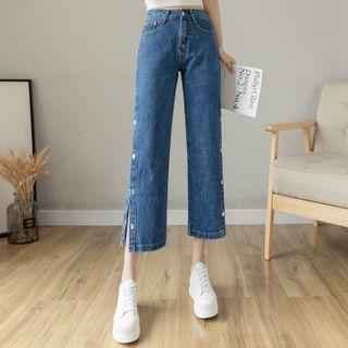 High-waist Button Cropped Wide-leg Jeans