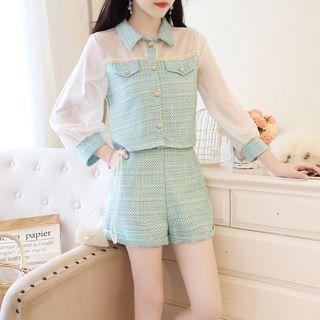Set: Beaded Panel Button Top + High-waist Cuffed Shorts