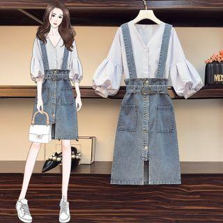 V-neck Striped Blouse / Suspender Denim Mini A-line Skirt / Set