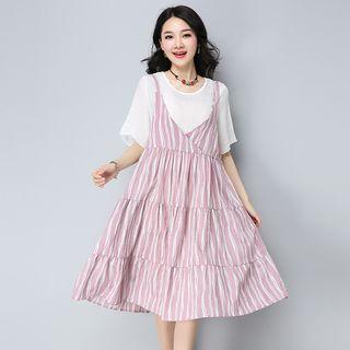 Set: Plain Elbow-sleeve Top + Striped Pinafore Dress