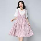 Set: Plain Elbow-sleeve Top + Striped Pinafore Dress