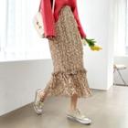 Band-waist Frilled-trim Crinkled Floral Skirt