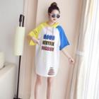 Color Block Lettering Hooded Elbow-sleeve T-shirt
