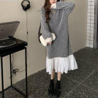 Long-sleeve Knit Houndstooth Midi Shift Dress