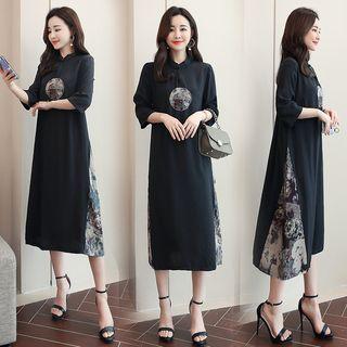 Traditional Chinese 3/4-sleeve Patterned Panel A-line Midi Dress
