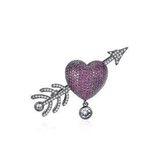 Elegant And Bright Plated Black Heart-shaped Cupids Arrow Brooch With Purple Cubic Zirconia Black - One Size