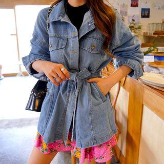 Loose-fit Denim Jacket With Sash Light Blue - One Size