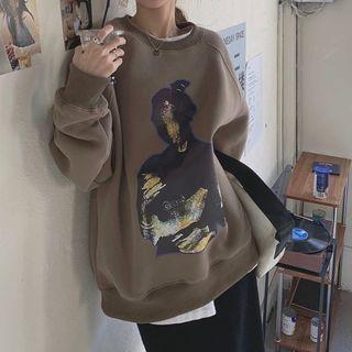 Long-sleeve Print Sweatshirt Coffee - One Size