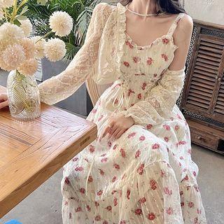 Long-sleeve Lace Cardigan / Spaghetti Strap V-neck Floral Dress