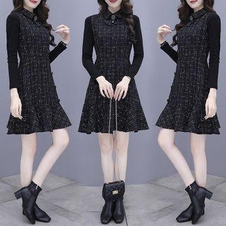 Long-sleeve Embellished Plaid A-line Mini Dress