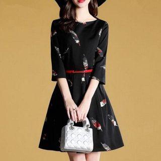 3/4-sleeve Feather Print A-line Dress