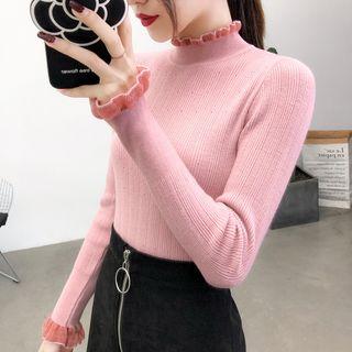 Long-sleeve Lace Panel Ruffle Trim Knit Top