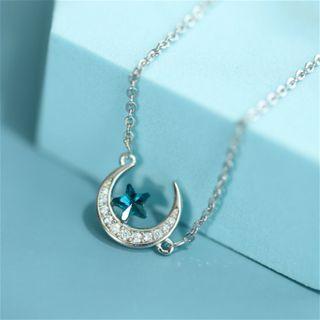 Moon & Star Rhinestone Pendant Sterling Silver Choker Silver - One Size