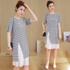 Set: Striped Short Sleeve T-shirt Dress + Midi Pleated Skirt